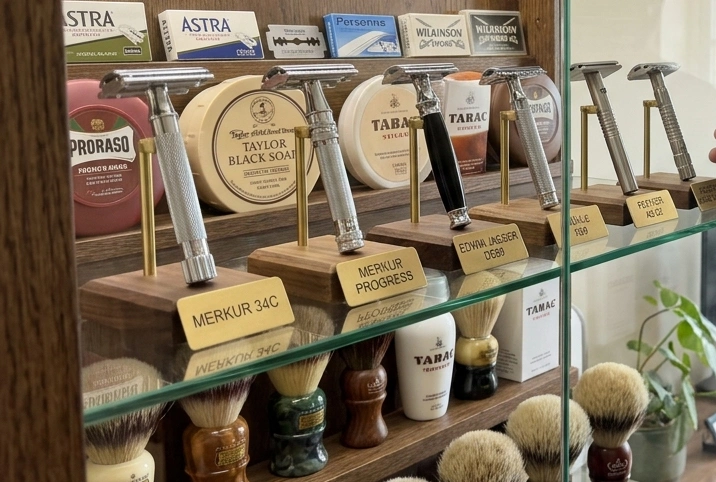 collection de rasoirs de sureté en vitrine