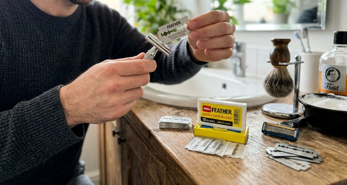 installation d'une lame double tranchant de la marque Feather dans un rasoir de sureté